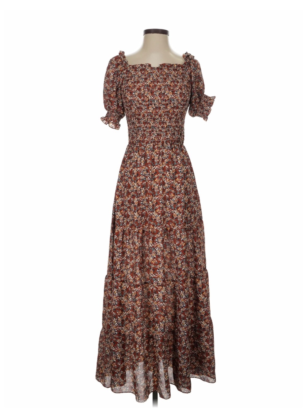 Max Studio Brown Floral Smocked Maxi Dress